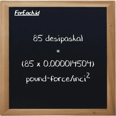 Cara konversi desipaskal ke pound-force/inci<sup>2</sup> (dPa ke lbf/in<sup>2</sup>): 85 desipaskal (dPa) setara dengan 85 dikalikan dengan 0.000014504 pound-force/inci<sup>2</sup> (lbf/in<sup>2</sup>)